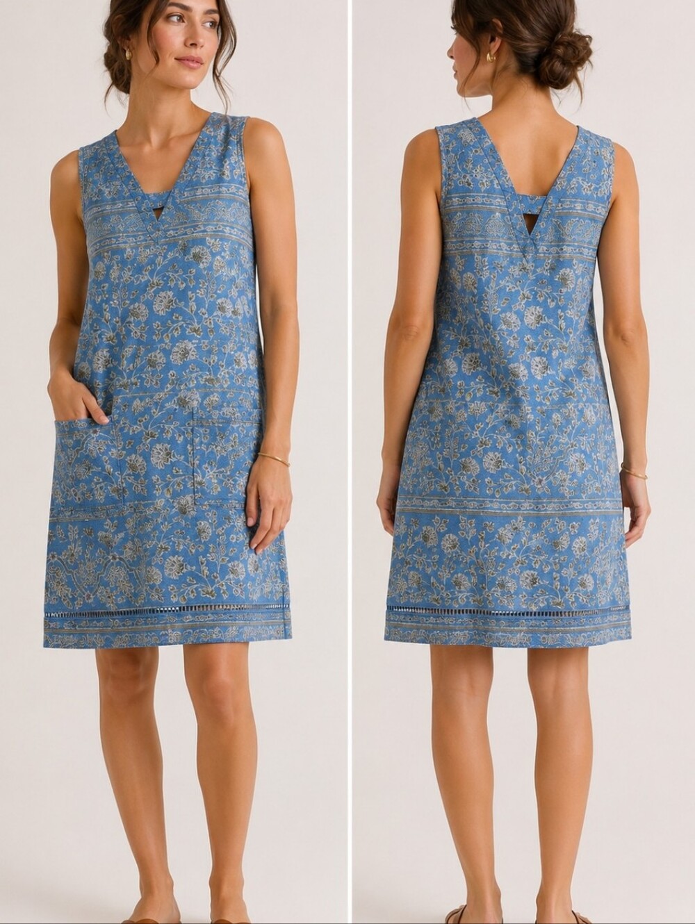 Next Blue Floral Linen Blend Shift Dress Pockets Cottagecore UK 10 US 6